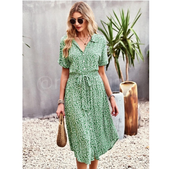 Green Floral Print Midi Dress Button Front V-Neck - Picture 8 of 16